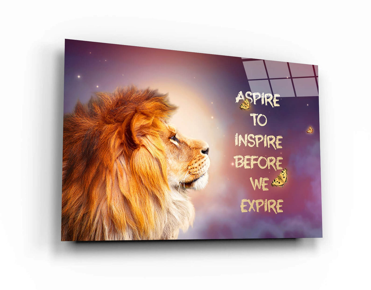 Aspire to Inspire Before You Expire - Motivational LION CANVAS, Uplifting BUTTERFLY QUOTE, Transformative OFFICE ART for Daily Inspiration