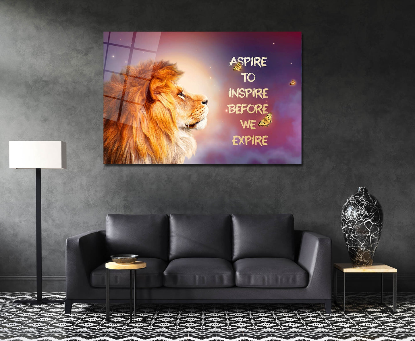 Aspire to Inspire Before You Expire - Motivational LION CANVAS, Uplifting BUTTERFLY QUOTE, Transformative OFFICE ART for Daily Inspiration