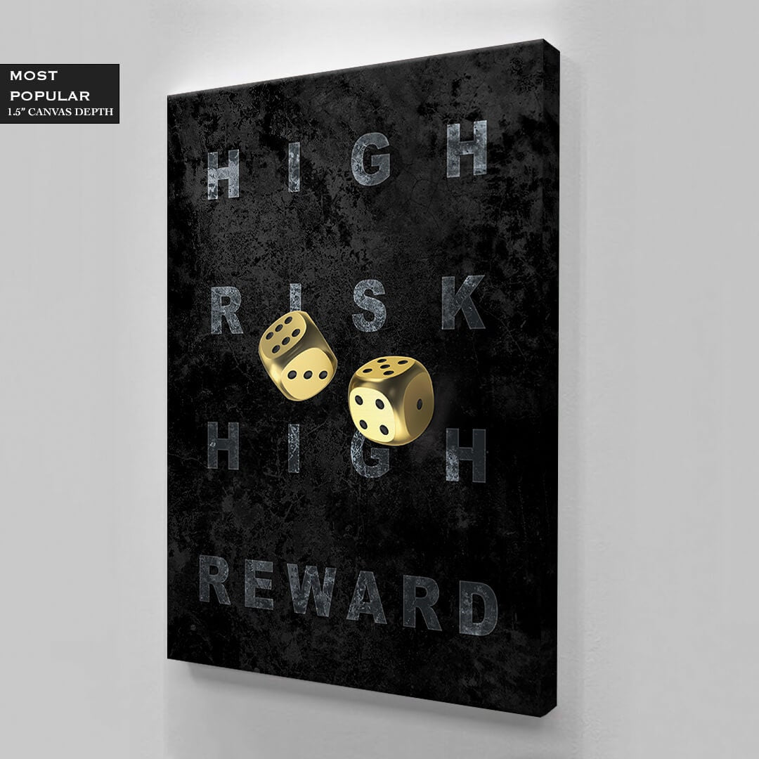 High Risk High Reward Canvas Gold Dice Gambling Acrylic or Metal Print Entrepreneur Art Business Wall Poster Black and Grey Game Room