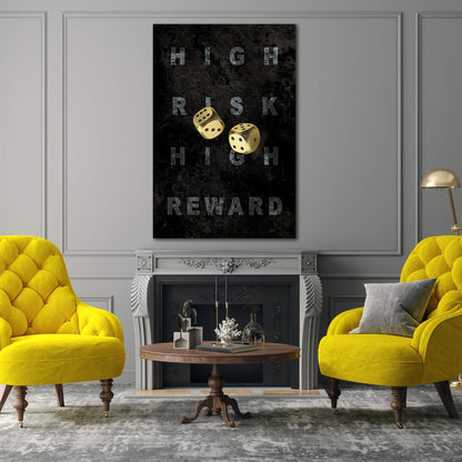 High Risk High Reward Canvas Gold Dice Gambling Acrylic or Metal Print Entrepreneur Art Business Wall Poster Black and Grey Game Room