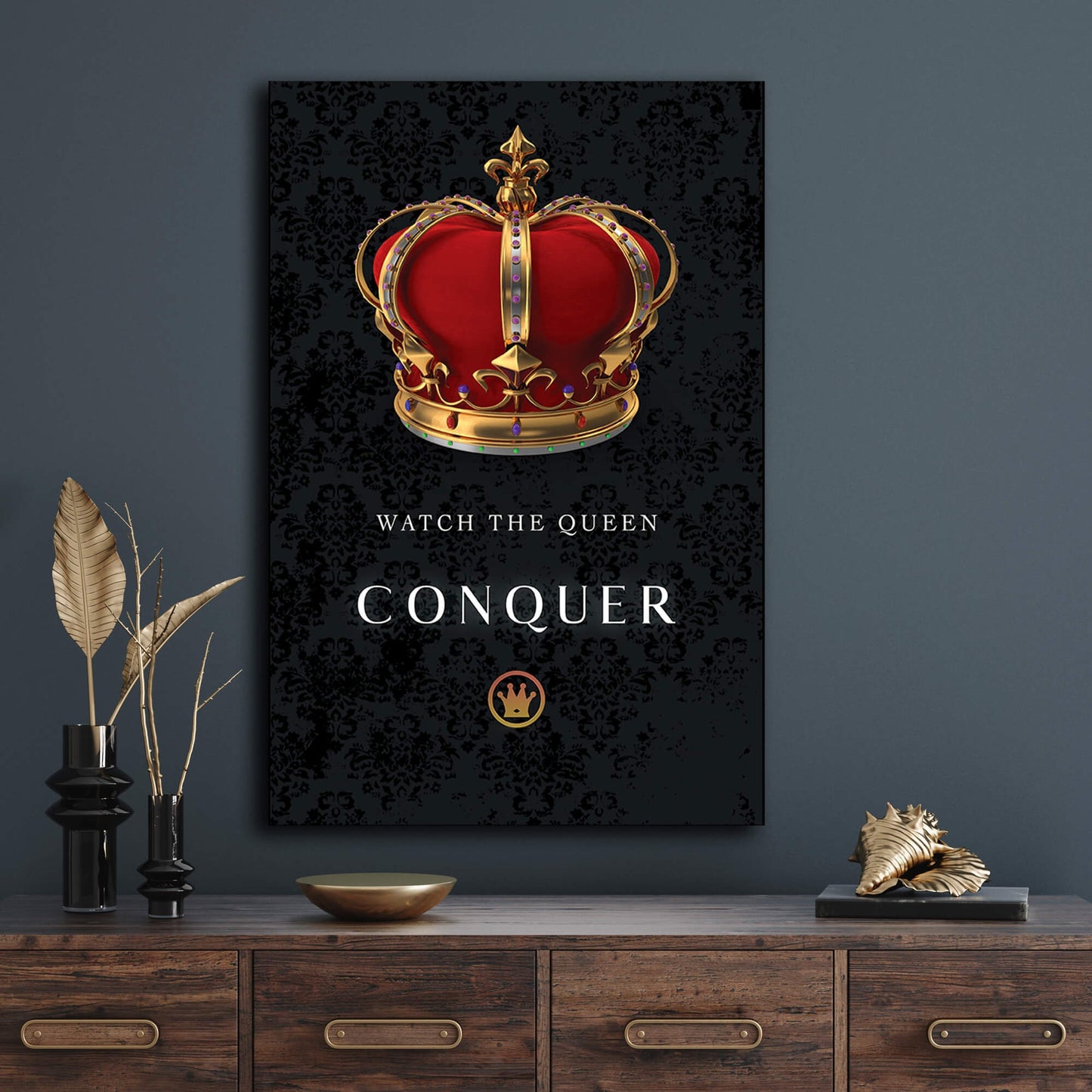 Watch the Queen Conquer Canvas - Crown Modern Acrylic or Metal Print Art - Her Room Wall Decor Canvas for Women Business Lady Entrepreneur