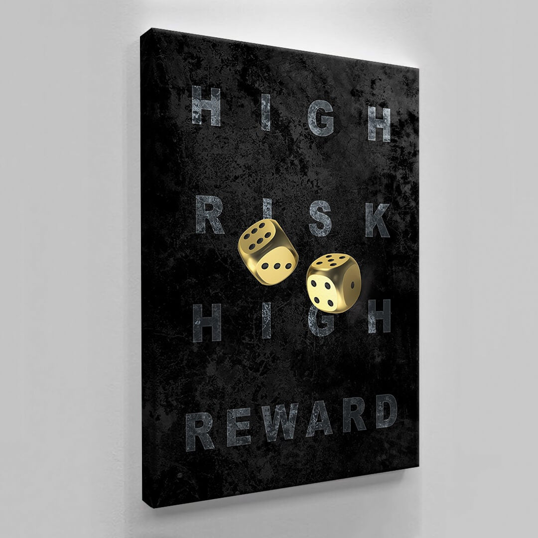 High Risk High Reward Canvas Gold Dice Gambling Acrylic or Metal Print Entrepreneur Art Business Wall Poster Black and Grey Game Room