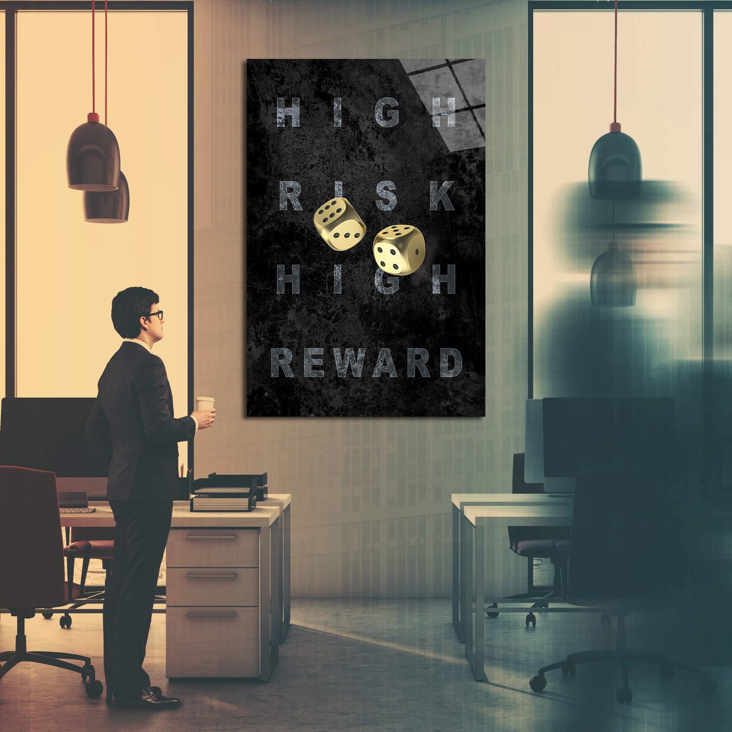 High Risk High Reward Canvas Gold Dice Gambling Acrylic or Metal Print Entrepreneur Art Business Wall Poster Black and Grey Game Room