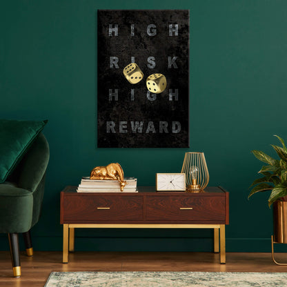 High Risk High Reward Canvas Gold Dice Gambling Acrylic or Metal Print Entrepreneur Art Business Wall Poster Black and Grey Game Room