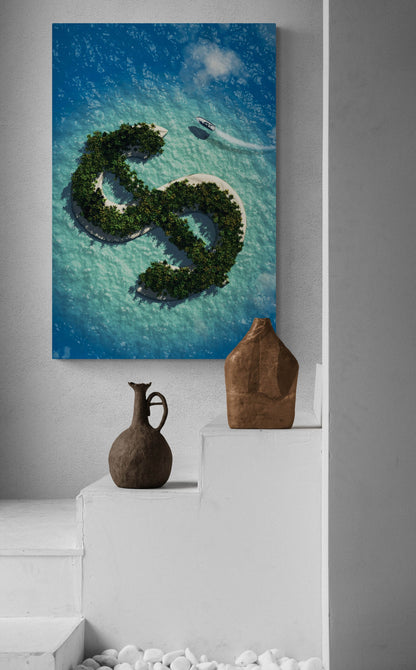 Dollar Island Canvas Financial Money Acrylic or Metal Print Blue Ocean Beach Art Vacation Wall Poster Yacht Money