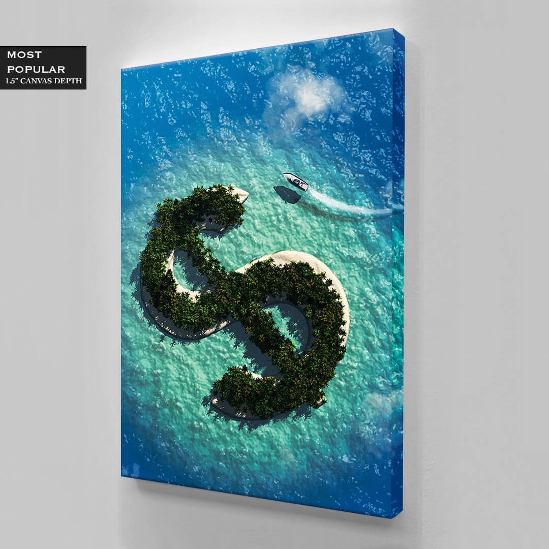 Dollar Island Canvas Financial Money Acrylic or Metal Print Blue Ocean Beach Art Vacation Wall Poster Yacht Money