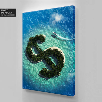 Dollar Island Canvas Financial Money Acrylic or Metal Print Blue Ocean Beach Art Vacation Wall Poster Yacht Money