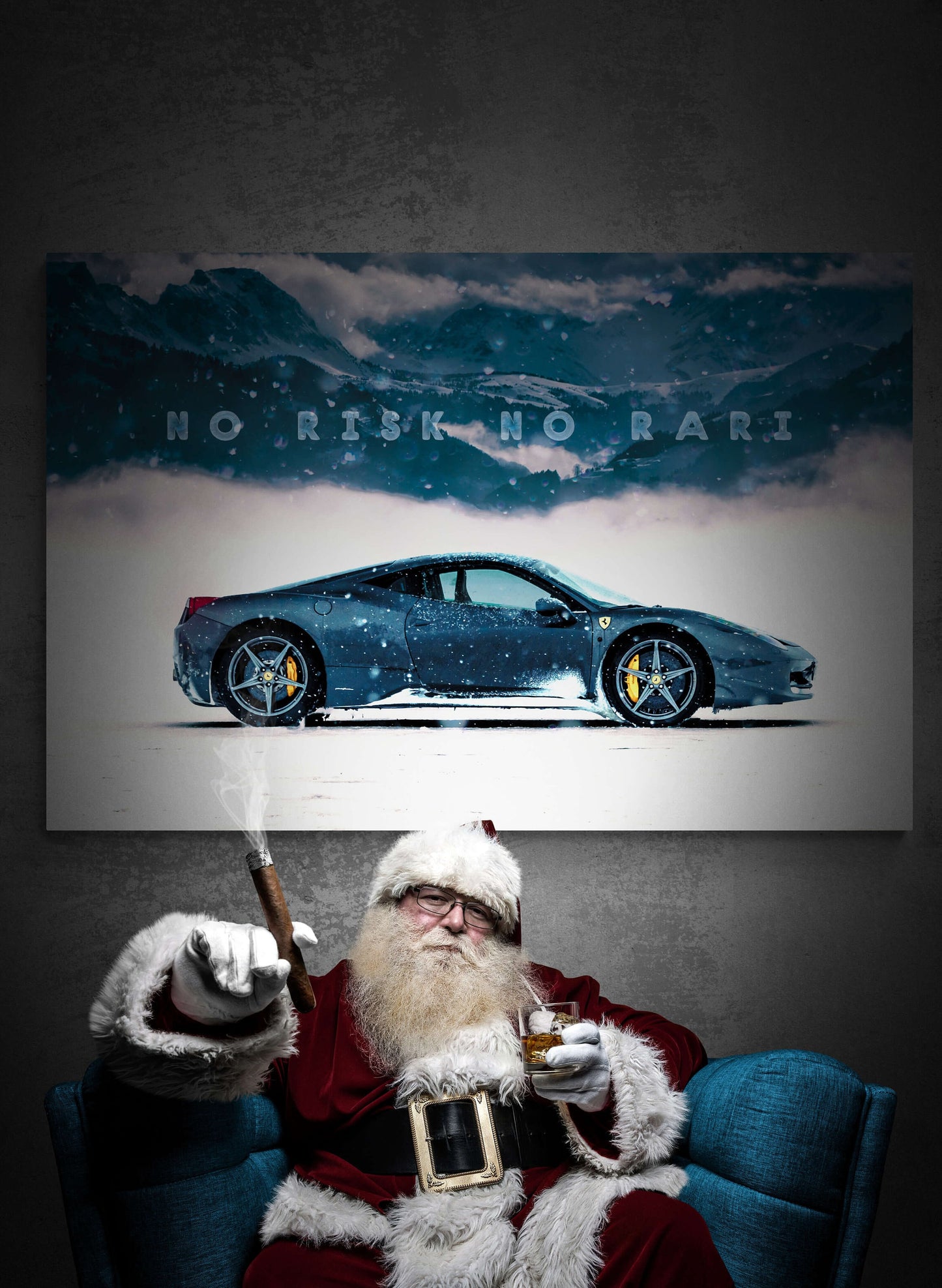 No Risk No Rari Motivational Canvas Inspirational Sport Car Quote Poster Blue Ferrari in Snow Mountain Entrepreneur Office Business Art