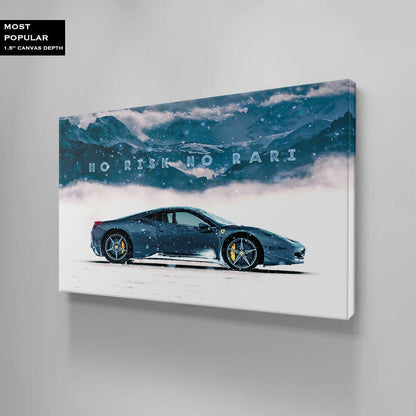 No Risk No Rari Motivational Canvas Inspirational Sport Car Quote Poster Blue Ferrari in Snow Mountain Entrepreneur Office Business Art