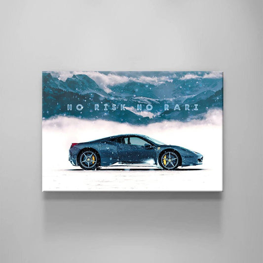 No Risk No Rari Motivational Canvas Inspirational Sport Car Quote Poster Blue Ferrari in Snow Mountain Entrepreneur Office Business Art