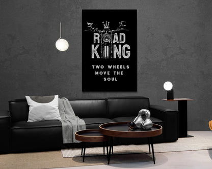 Road King Motorcycle Canvas - "Two Wheels Move the Soul" Quote Art - Biker's Wall Poster - Harley Bike Black and White Designed Quote for Real Men