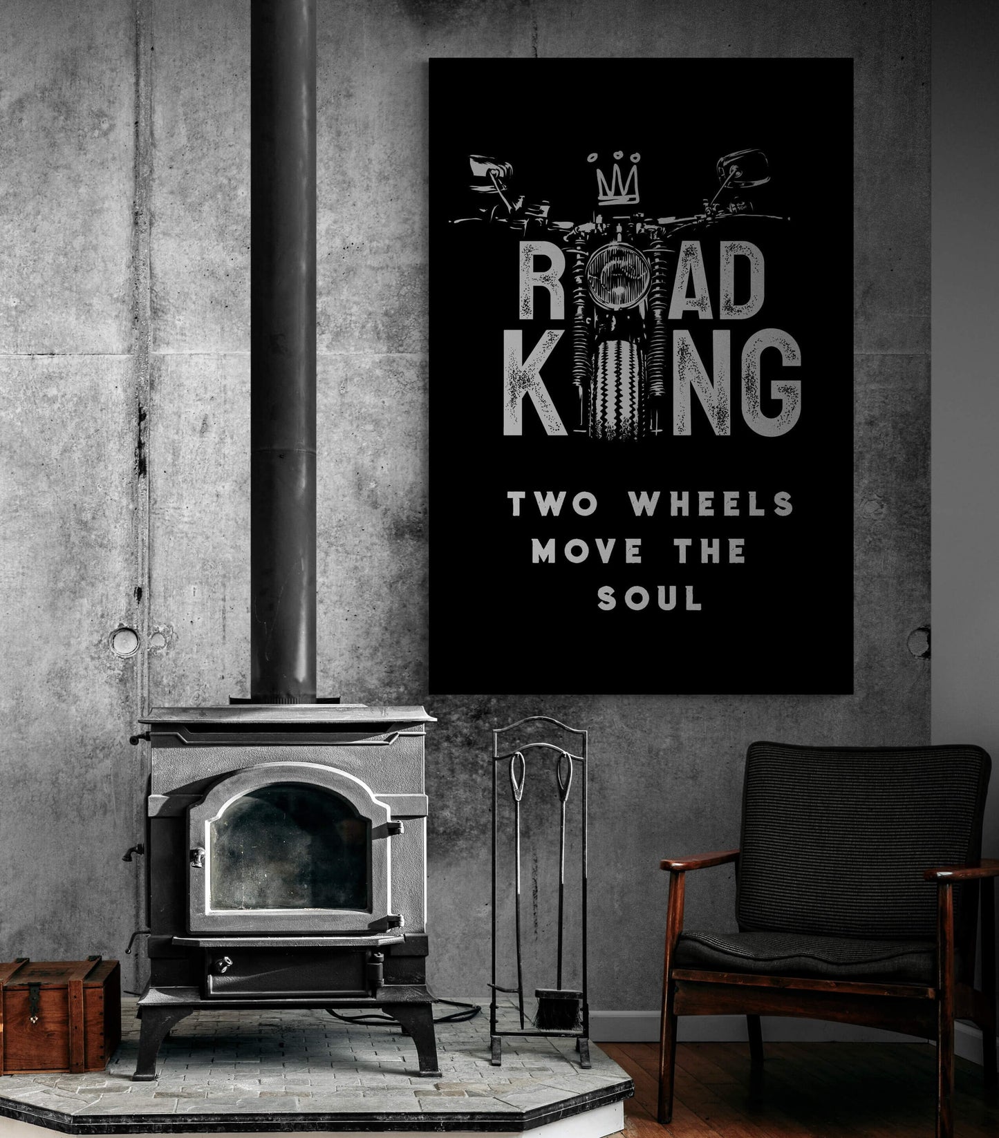 Road King Motorcycle Canvas - "Two Wheels Move the Soul" Quote Art - Biker's Wall Poster - Harley Bike Black and White Designed Quote for Real Men