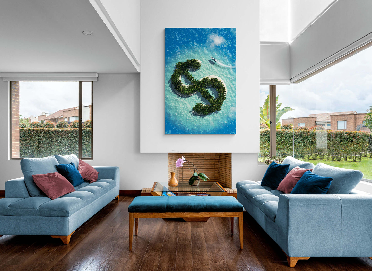 Dollar Island Canvas Financial Money Acrylic or Metal Print Blue Ocean Beach Art Vacation Wall Poster Yacht Money