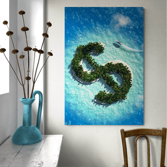 Dollar Island Canvas Financial Money Acrylic or Metal Print Blue Ocean Beach Art Vacation Wall Poster Yacht Money