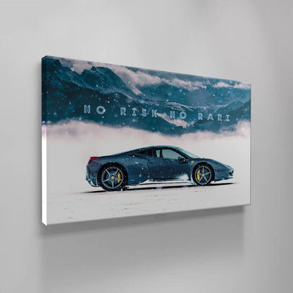 No Risk No Rari Motivational Canvas Inspirational Sport Car Quote Poster Blue Ferrari in Snow Mountain Entrepreneur Office Business Art