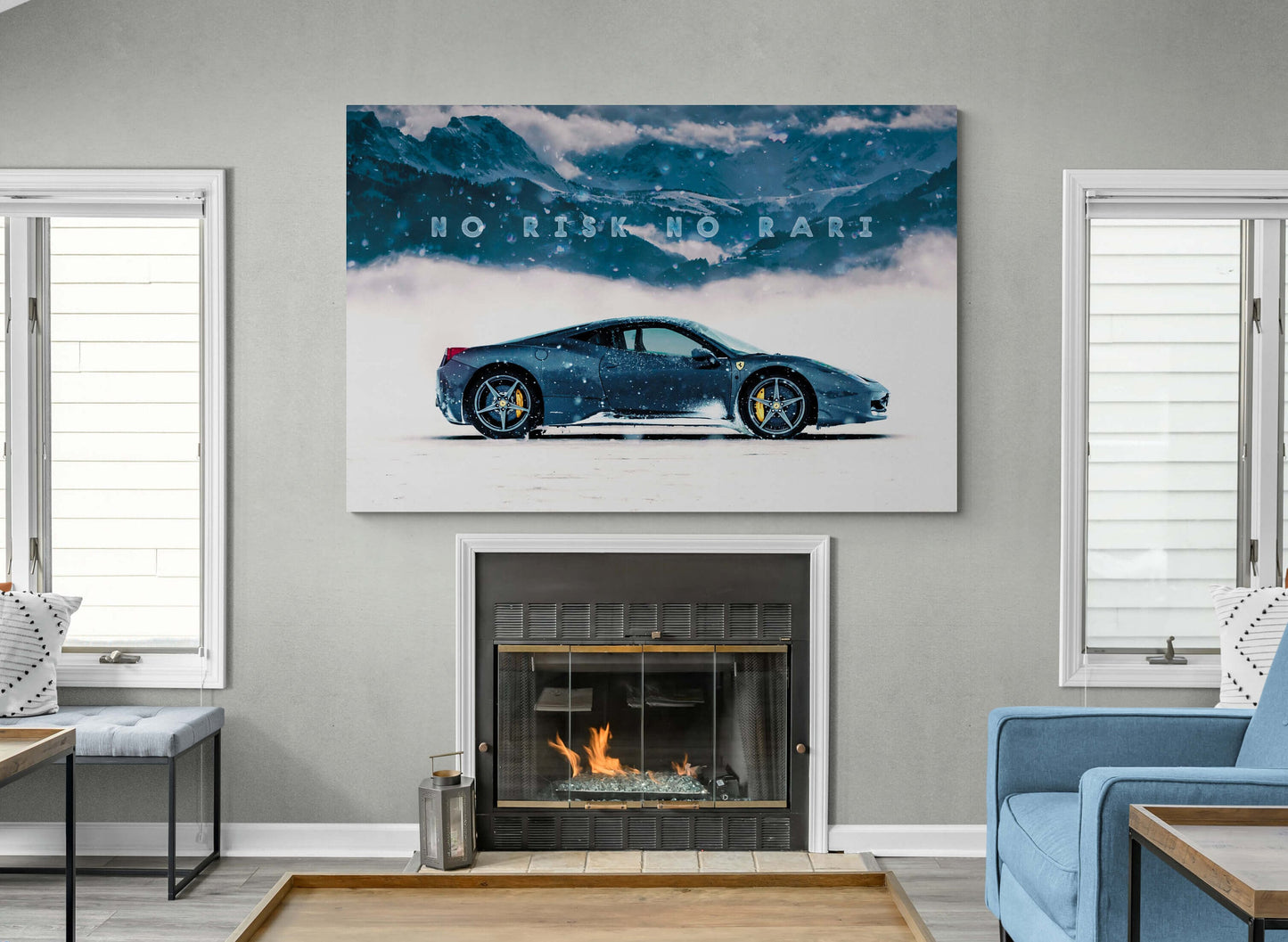 No Risk No Rari Motivational Canvas Inspirational Sport Car Quote Poster Blue Ferrari in Snow Mountain Entrepreneur Office Business Art