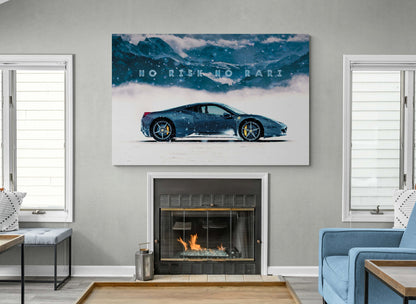 No Risk No Rari Motivational Canvas Inspirational Sport Car Quote Poster Blue Ferrari in Snow Mountain Entrepreneur Office Business Art