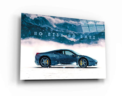 No Risk No Rari Motivational Canvas Inspirational Sport Car Quote Poster Blue Ferrari in Snow Mountain Entrepreneur Office Business Art