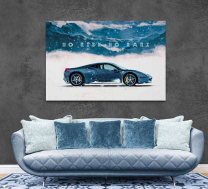 No Risk No Rari Motivational Canvas Inspirational Sport Car Quote Poster Blue Ferrari in Snow Mountain Entrepreneur Office Business Art