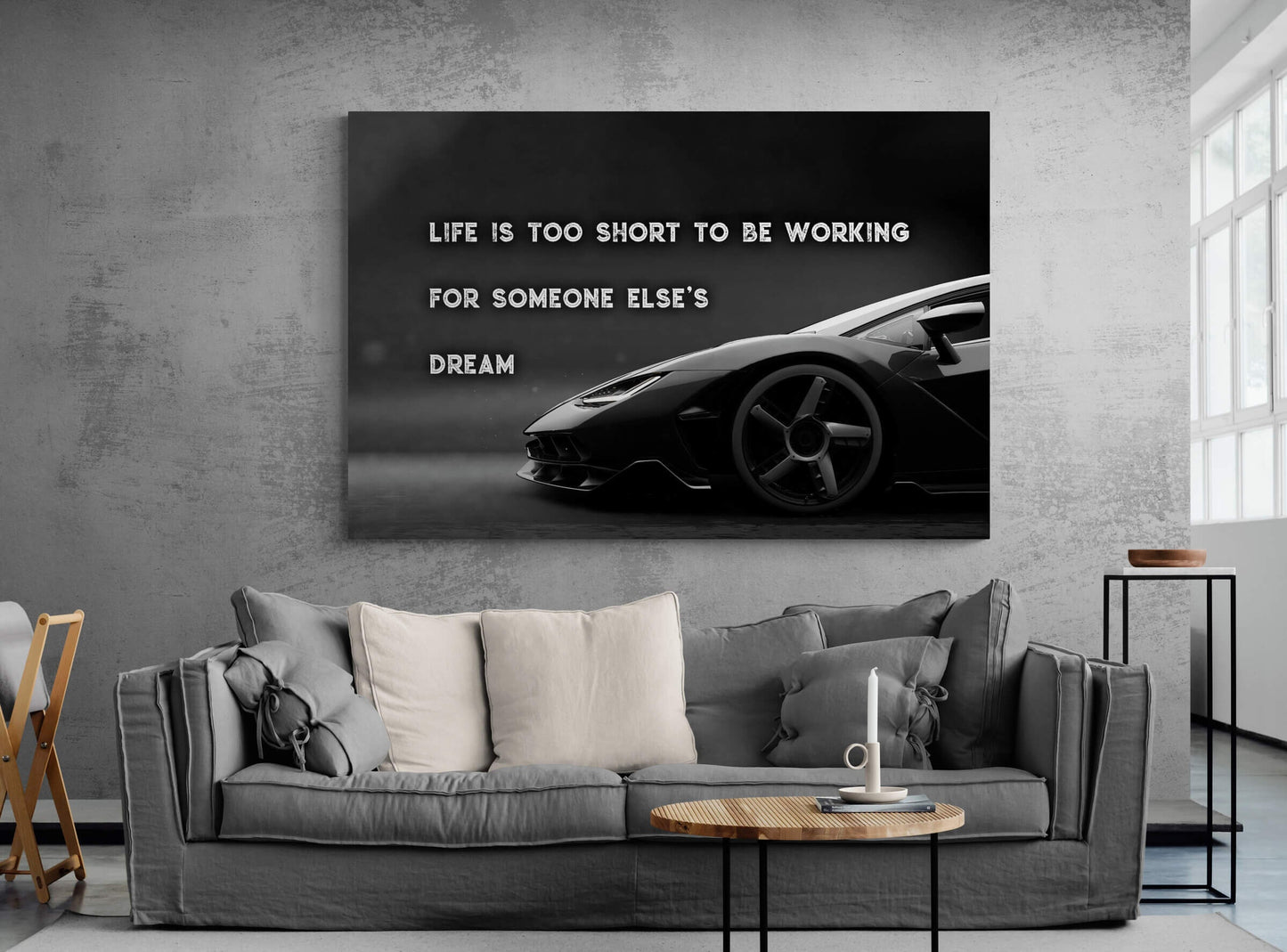 Life Is Too Short Mind Your Own Business Motivational Sport Car Quote Poster Black and White Lambo Canvas Office Inspirational Art