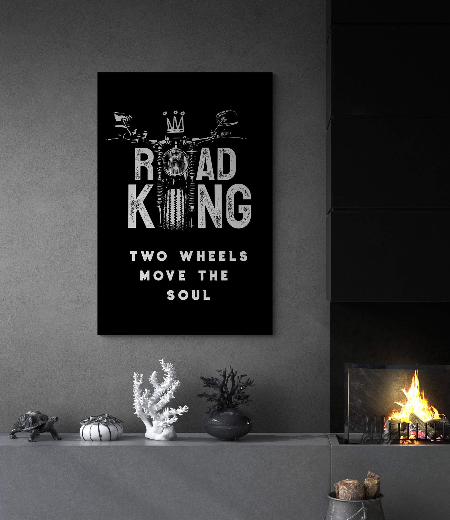 Road King Motorcycle Canvas - "Two Wheels Move the Soul" Quote Art - Biker's Wall Poster - Harley Bike Black and White Designed Quote for Real Men