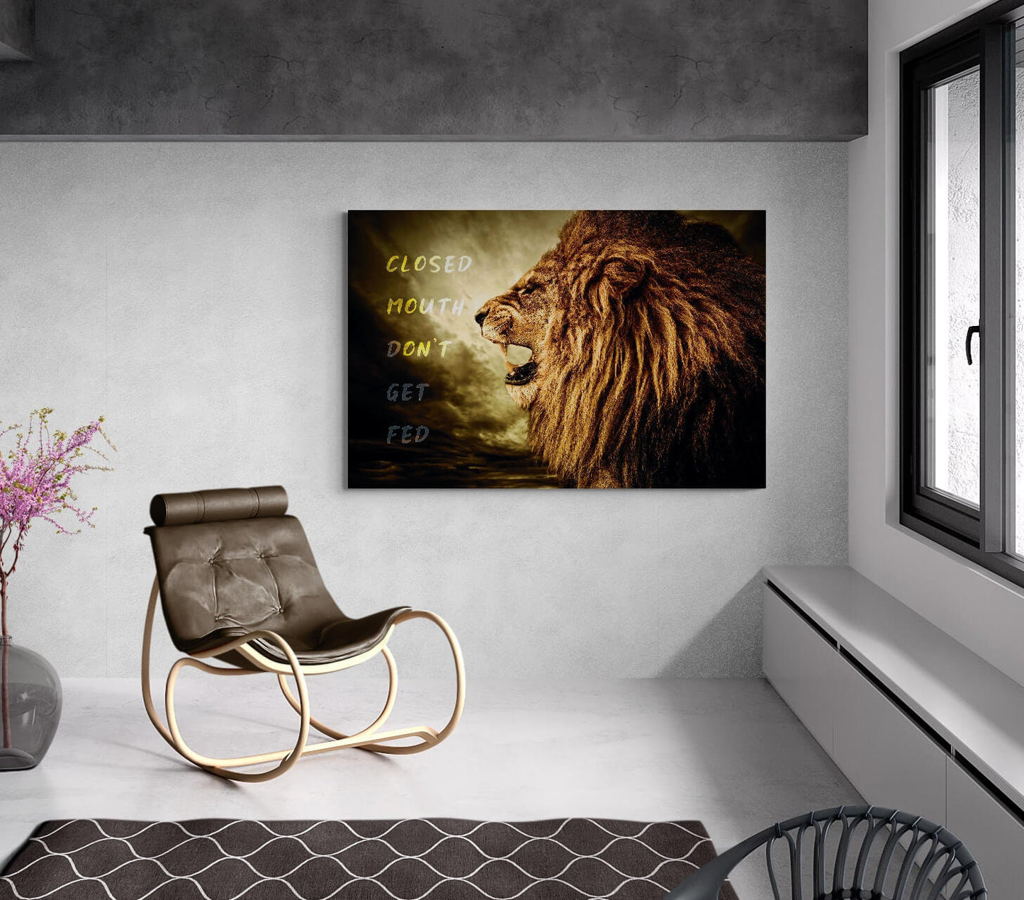 Closed Mouth Don't Get Fed Canvas Lion Motivational Quote Poster Inspirational Sign Office Art