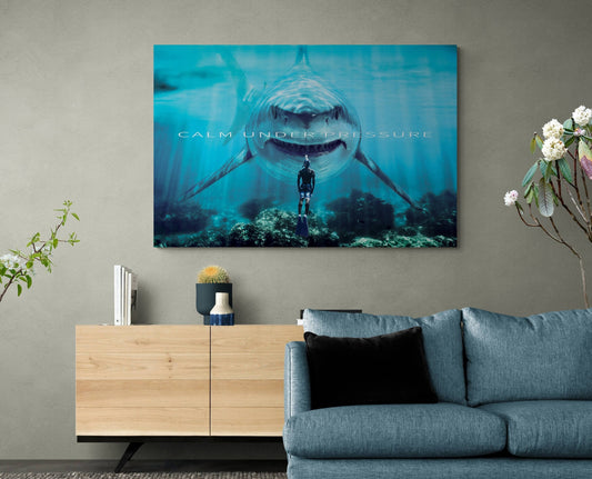 Calm Under Pressure Canvas Shark vs Man Poster Motivational Sign No Fear Inspirational Fearless Office Art