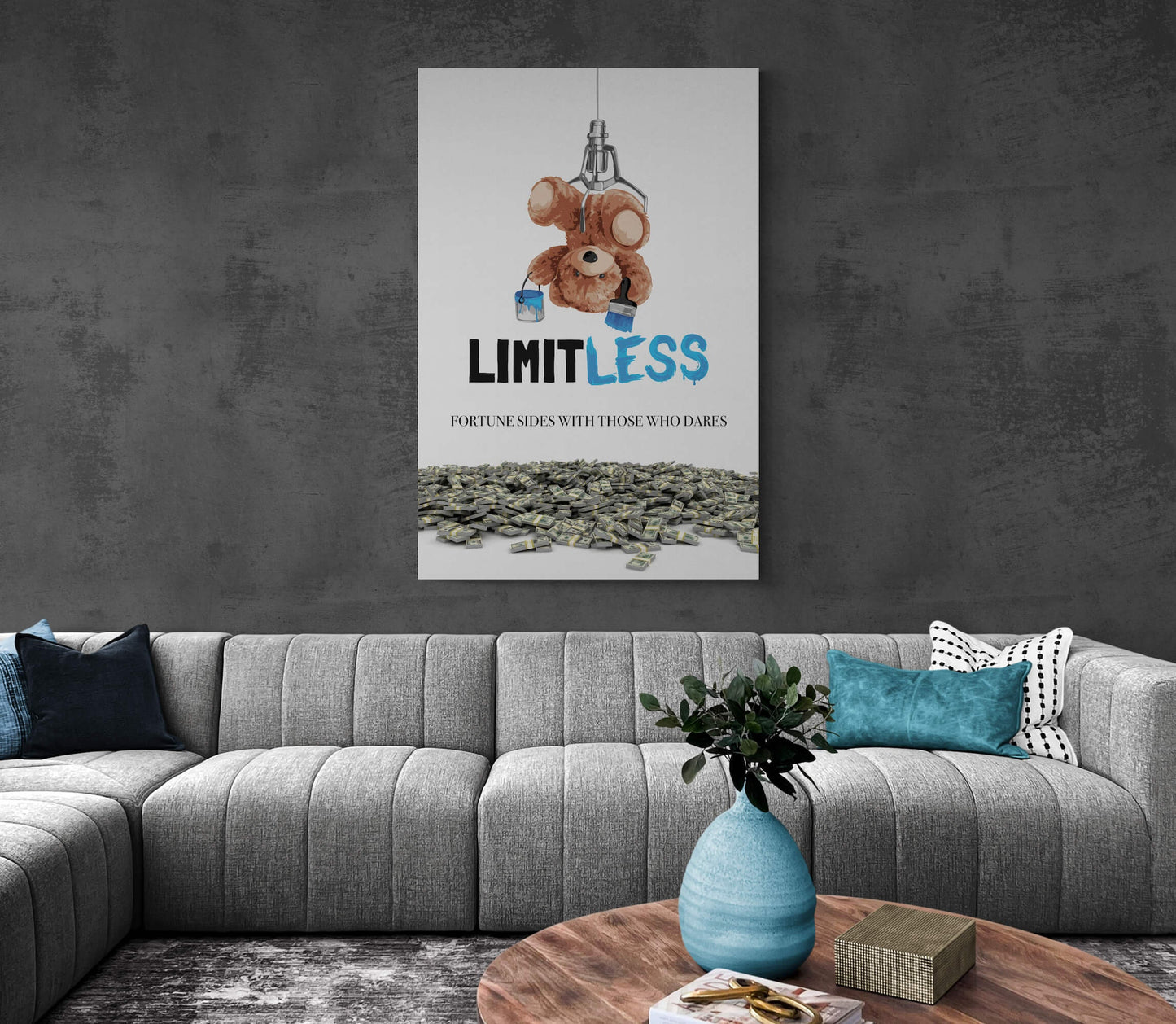 Fortune Sides with Those Who Dares Canvas Motivational Poster Inspirational Money Art Bear Limit-less Funny Sign A Lot of Dollars Print