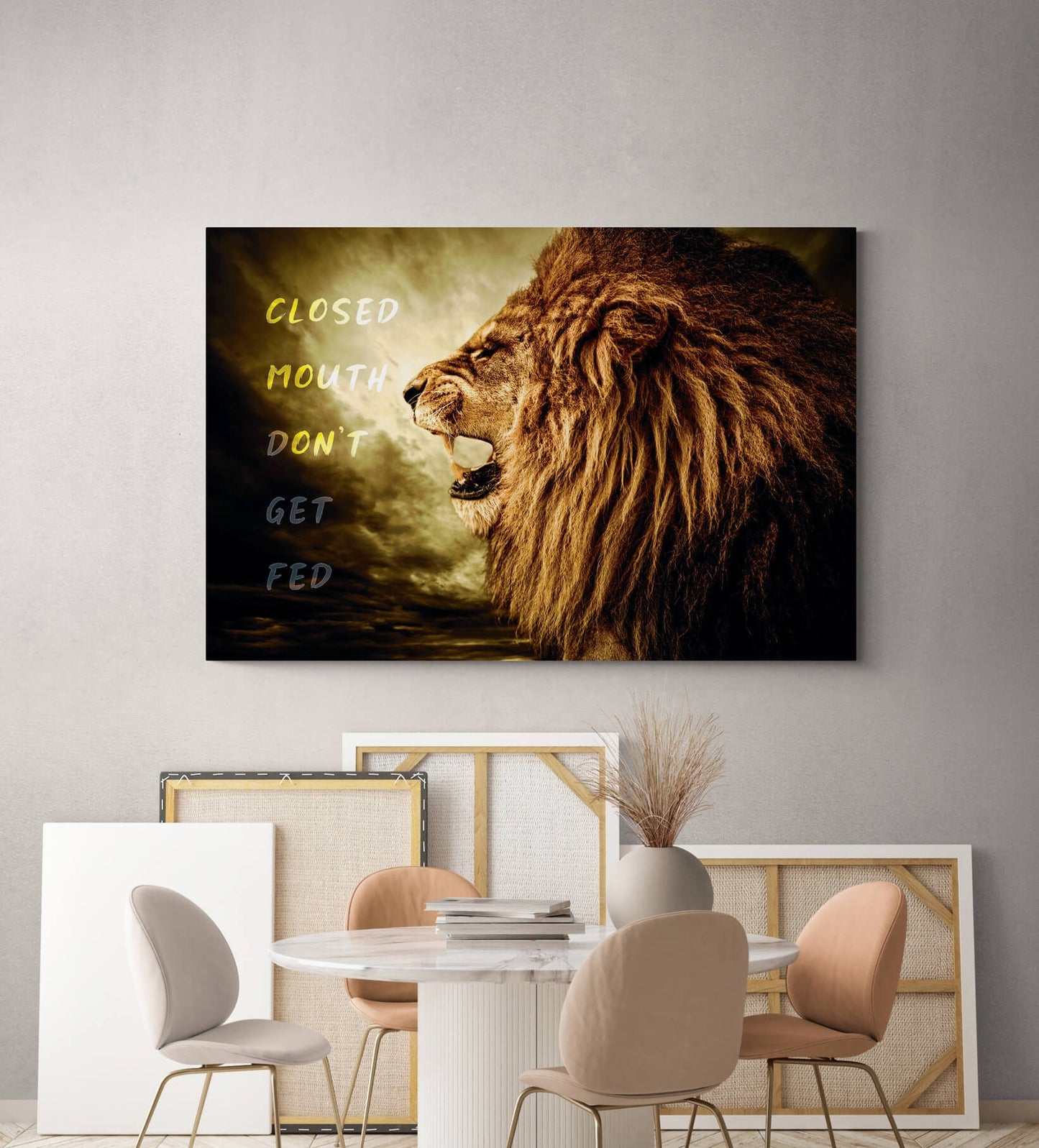 Closed Mouth Don't Get Fed Canvas Lion Motivational Quote Poster Inspirational Sign Office Art