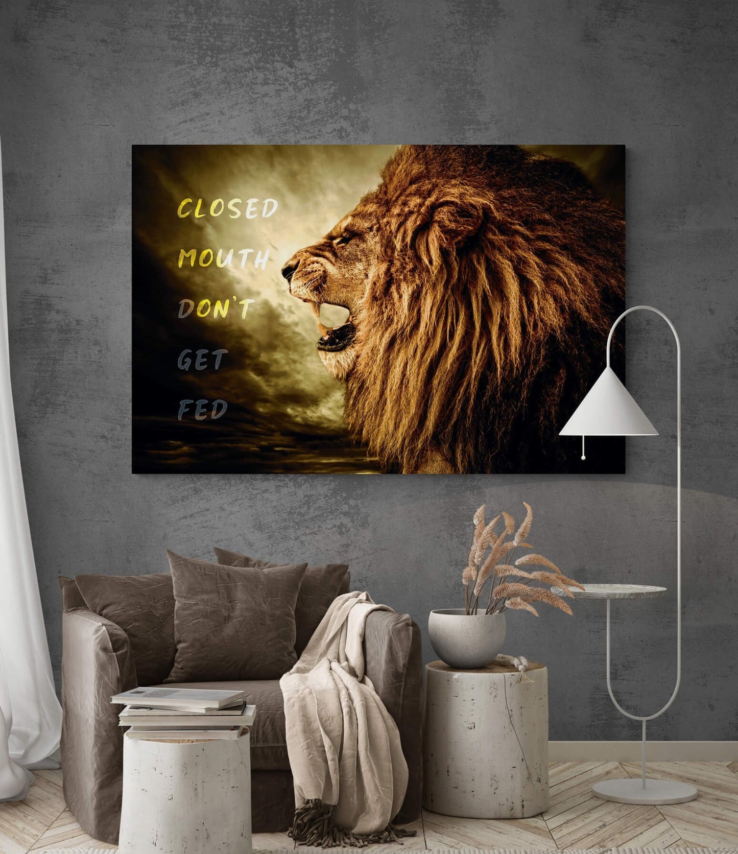 Closed Mouth Don't Get Fed Canvas Lion Motivational Quote Poster Inspirational Sign Office Art