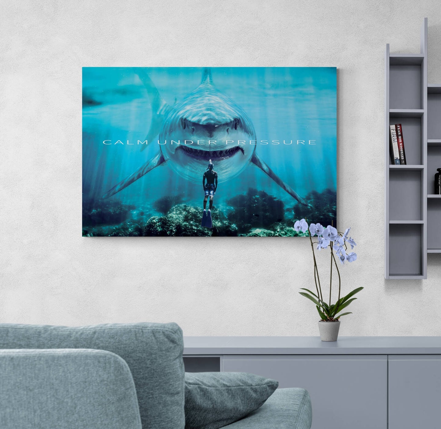 Calm Under Pressure Canvas Shark vs Man Poster Motivational Sign No Fear Inspirational Fearless Office Art