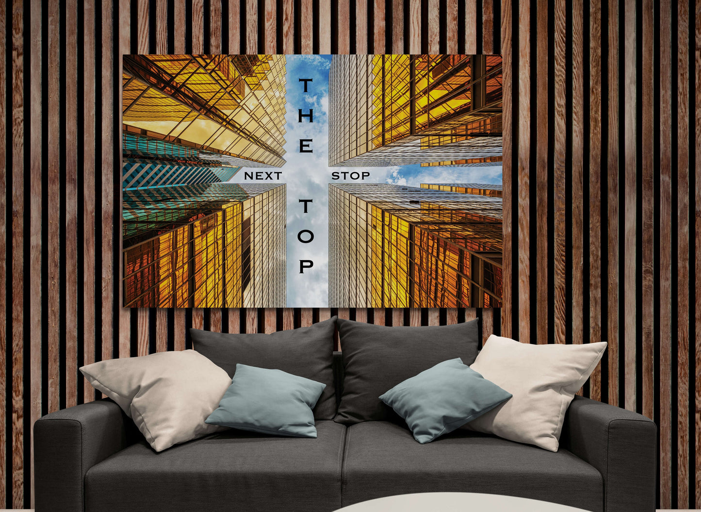 Next Stop the Top Motivational Canvas Downtown High Buildings Inspirational Quote Office Entrepreneur Poster Decor Gold Building Success