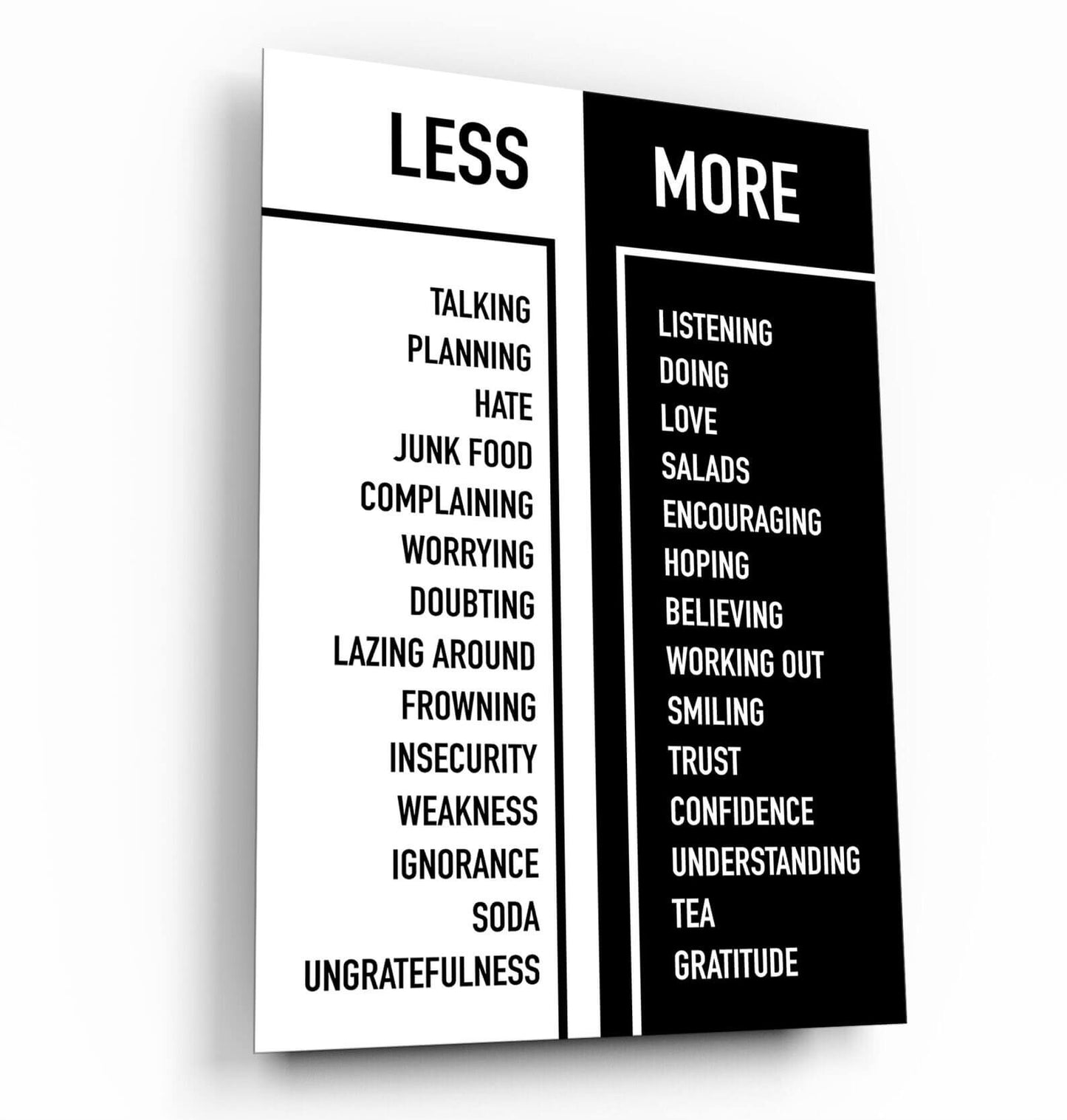 Less Talking More Listening No Hate Yes Love No Weakness Yes Confidence Less Ungratefulness More Gratitude No Complaining Yes Encouraging