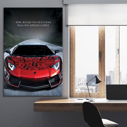 The Road to Success Has No Speed Limit - Motivational Wall Art - Inspirational Poster Quote - Red Lambo Canvas