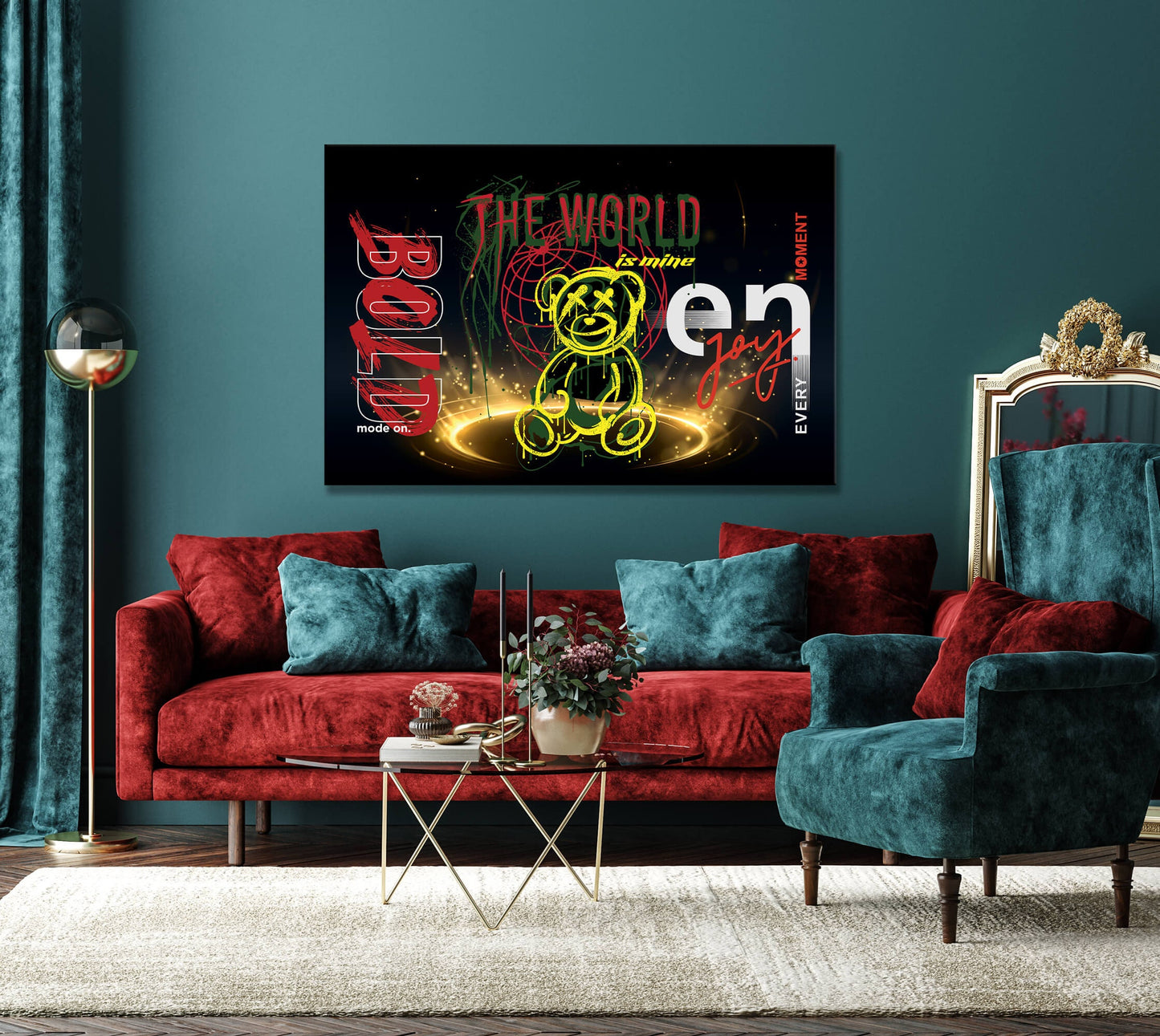 The World is Yours Wall Art - Enjoy Every Moment Canvas Print - Bold Mode On Poster - "I Run the World" Art - Teddy Bear Graffiti Street Wall Art