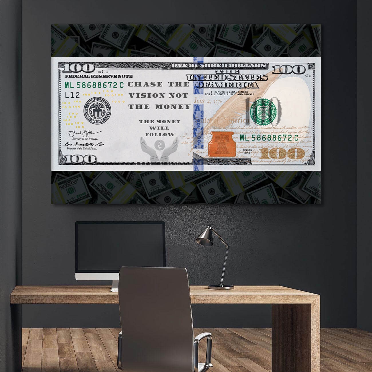 Chase the Vision Not the Money and the Money Will Follow $100 Dollar Bill Canvas Motivational Wall Art