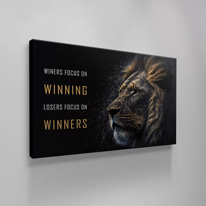 Motivational Wall Art - "Winners Focus on Winning" Inspirational Quote Poster - Lion Head Print - Entrepreneur Canvas Competition Office Print