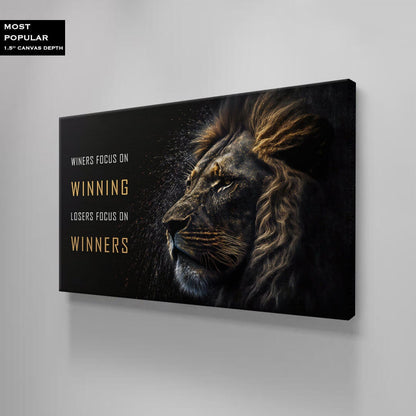 Motivational Wall Art - "Winners Focus on Winning" Inspirational Quote Poster - Lion Head Print - Entrepreneur Canvas Competition Office Print