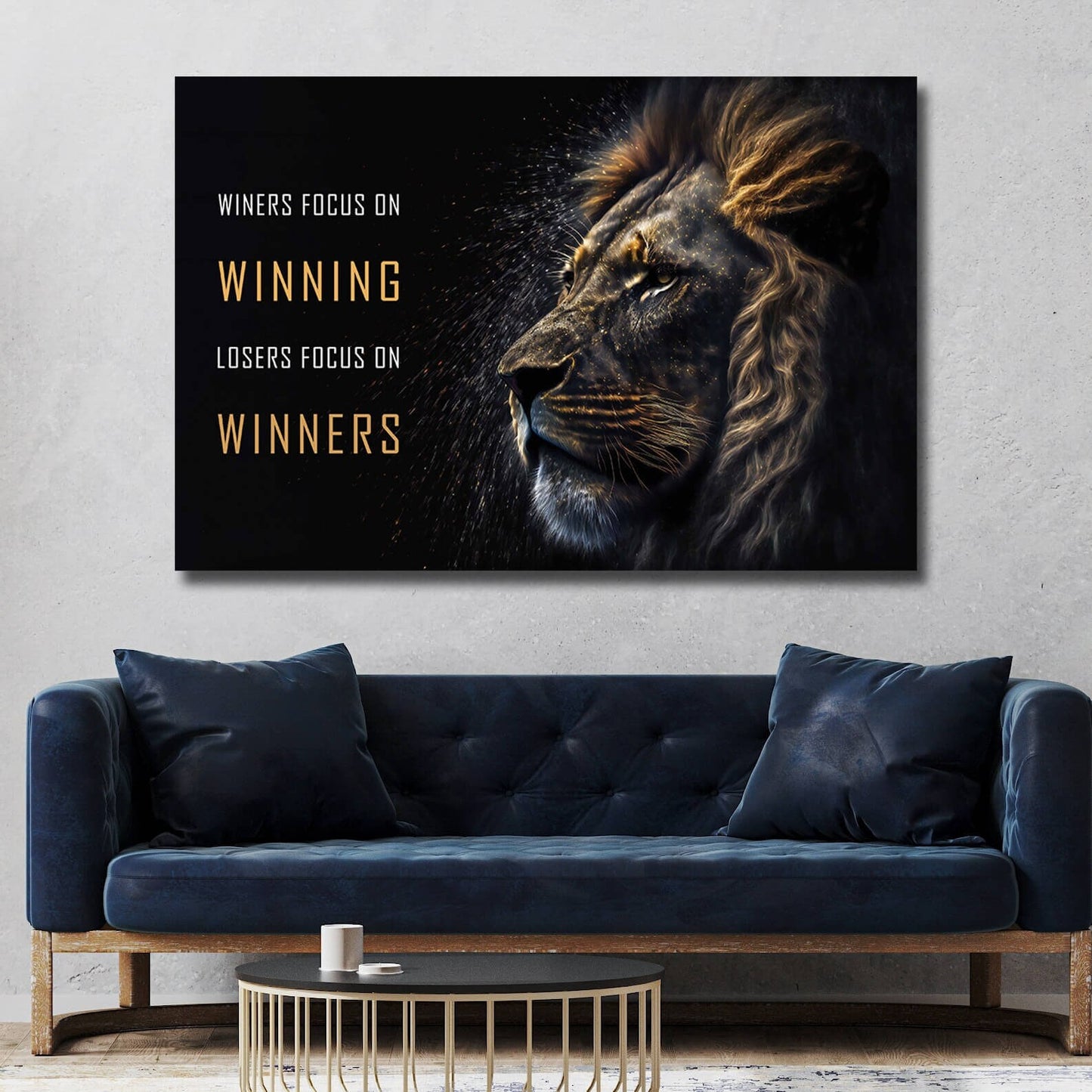 Motivational Wall Art - "Winners Focus on Winning" Inspirational Quote Poster - Lion Head Print - Entrepreneur Canvas Competition Office Print