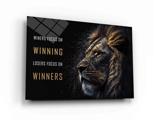 Motivational Wall Art - "Winners Focus on Winning" Inspirational Quote Poster - Lion Head Print - Entrepreneur Canvas Competition Office Print