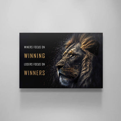 Motivational Wall Art - "Winners Focus on Winning" Inspirational Quote Poster - Lion Head Print - Entrepreneur Canvas Competition Office Print