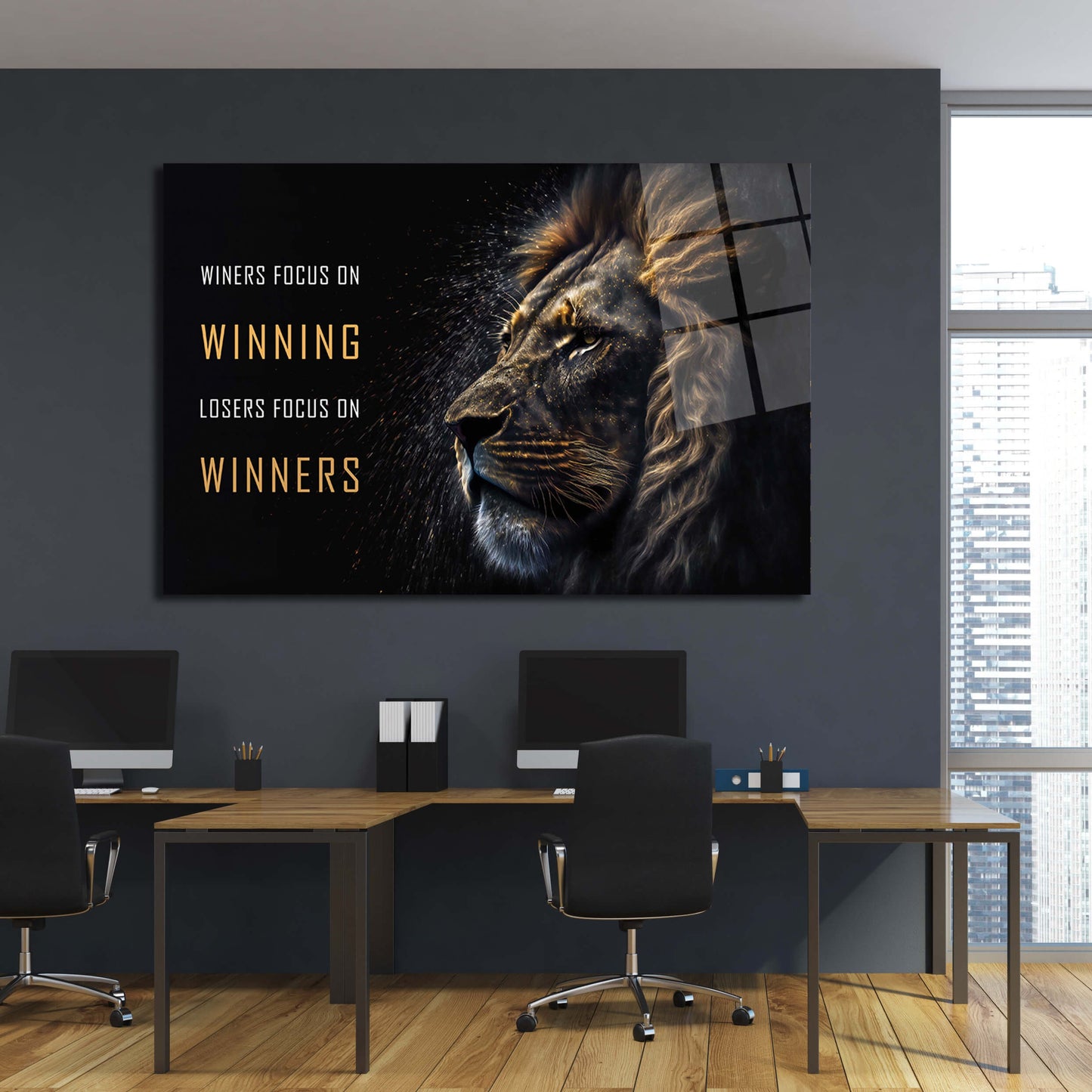 Motivational Wall Art - "Winners Focus on Winning" Inspirational Quote Poster - Lion Head Print - Entrepreneur Canvas Competition Office Print