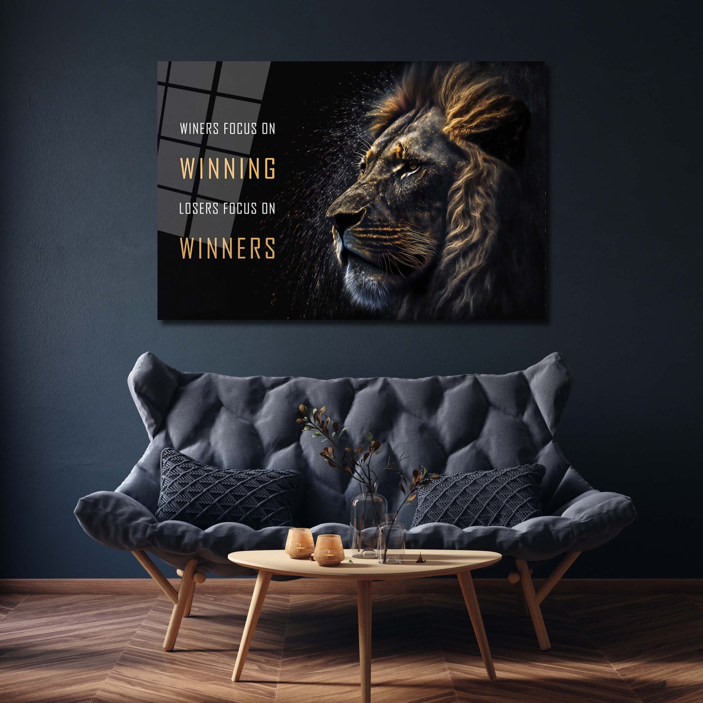 Motivational Wall Art - "Winners Focus on Winning" Inspirational Quote Poster - Lion Head Print - Entrepreneur Canvas Competition Office Print