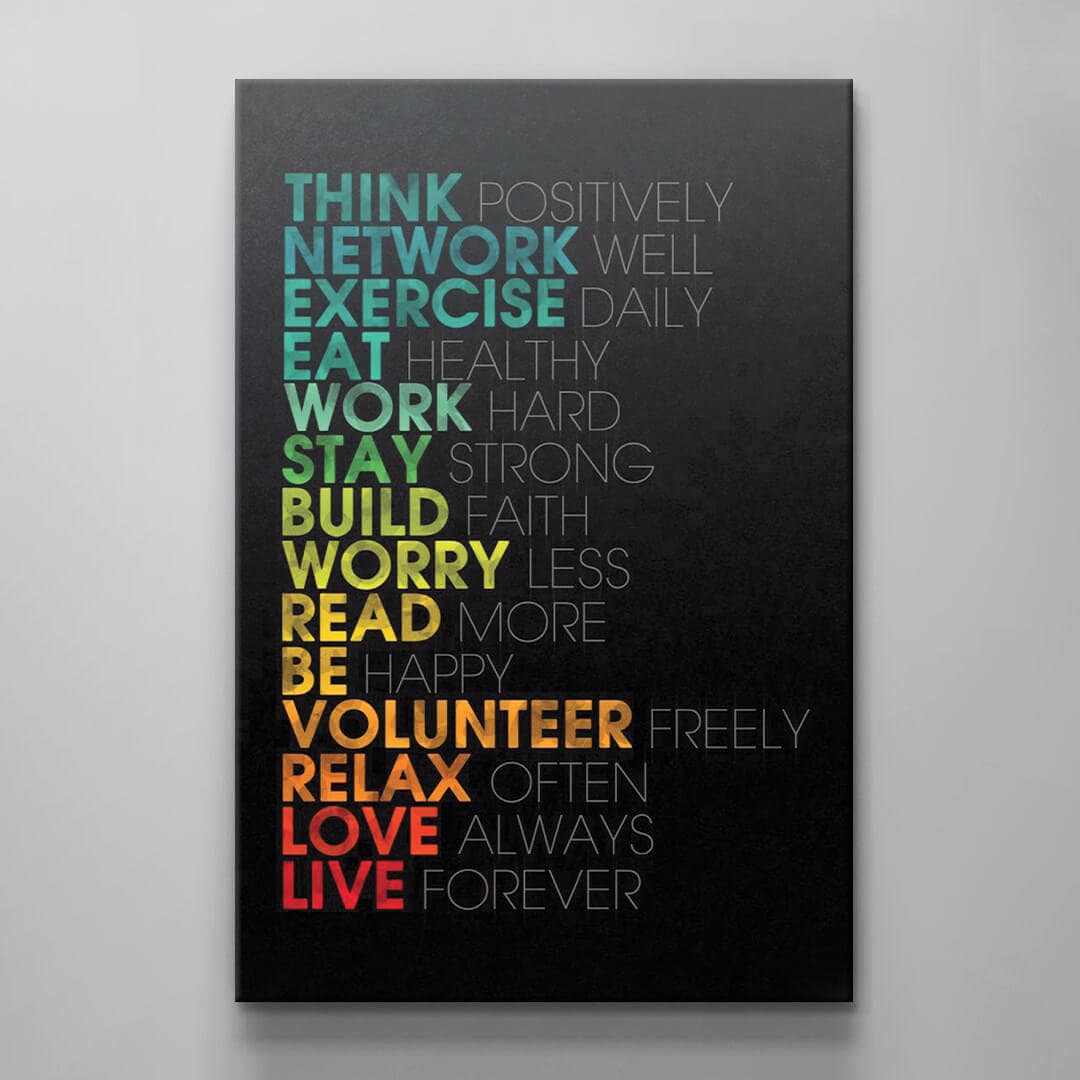 Think Positively Art - Exercise Daily, Eat Healthy Poster - Work Hard Print - Stay Strong, Build Faith, Worry Less - Read More, Be Happy, Love